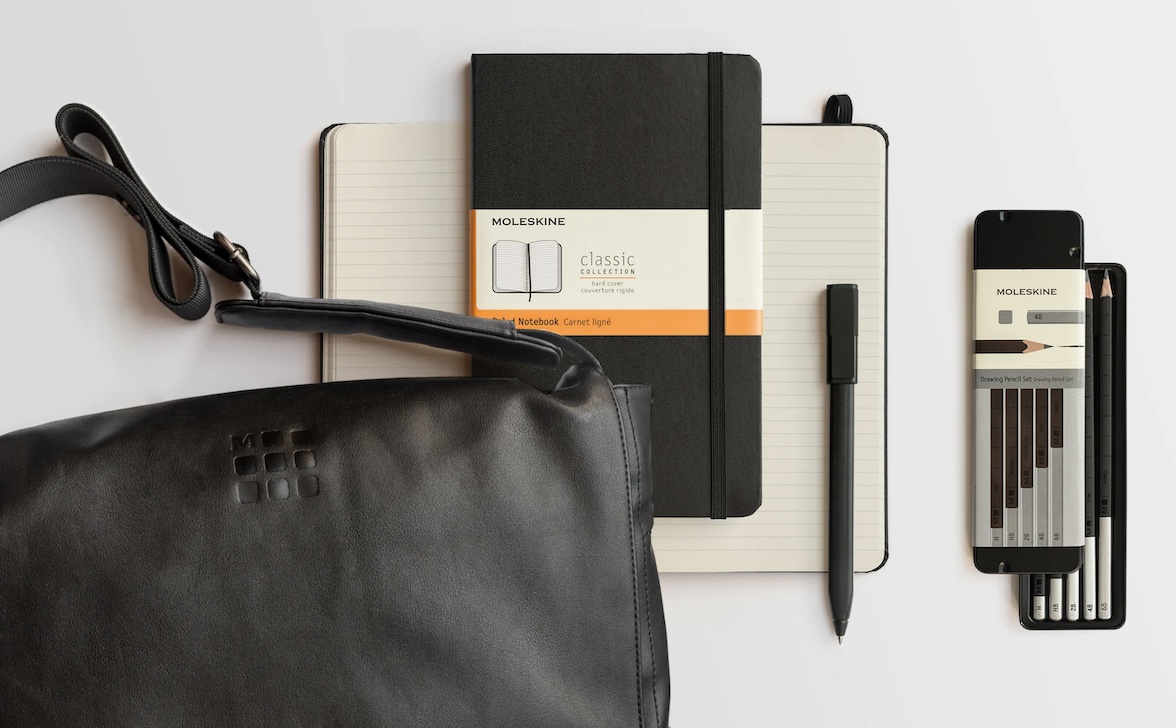 black notebook, black bag, black pen and a box of black pencils on a white table